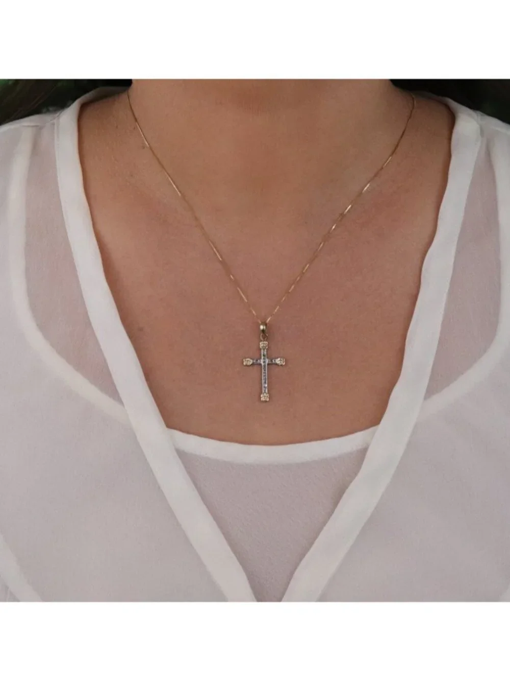 Pendant Only 14K White & Yellow Gold Diamond Cross Pendant 1 1/4" x 5/8" inch - Picture 2 of 7